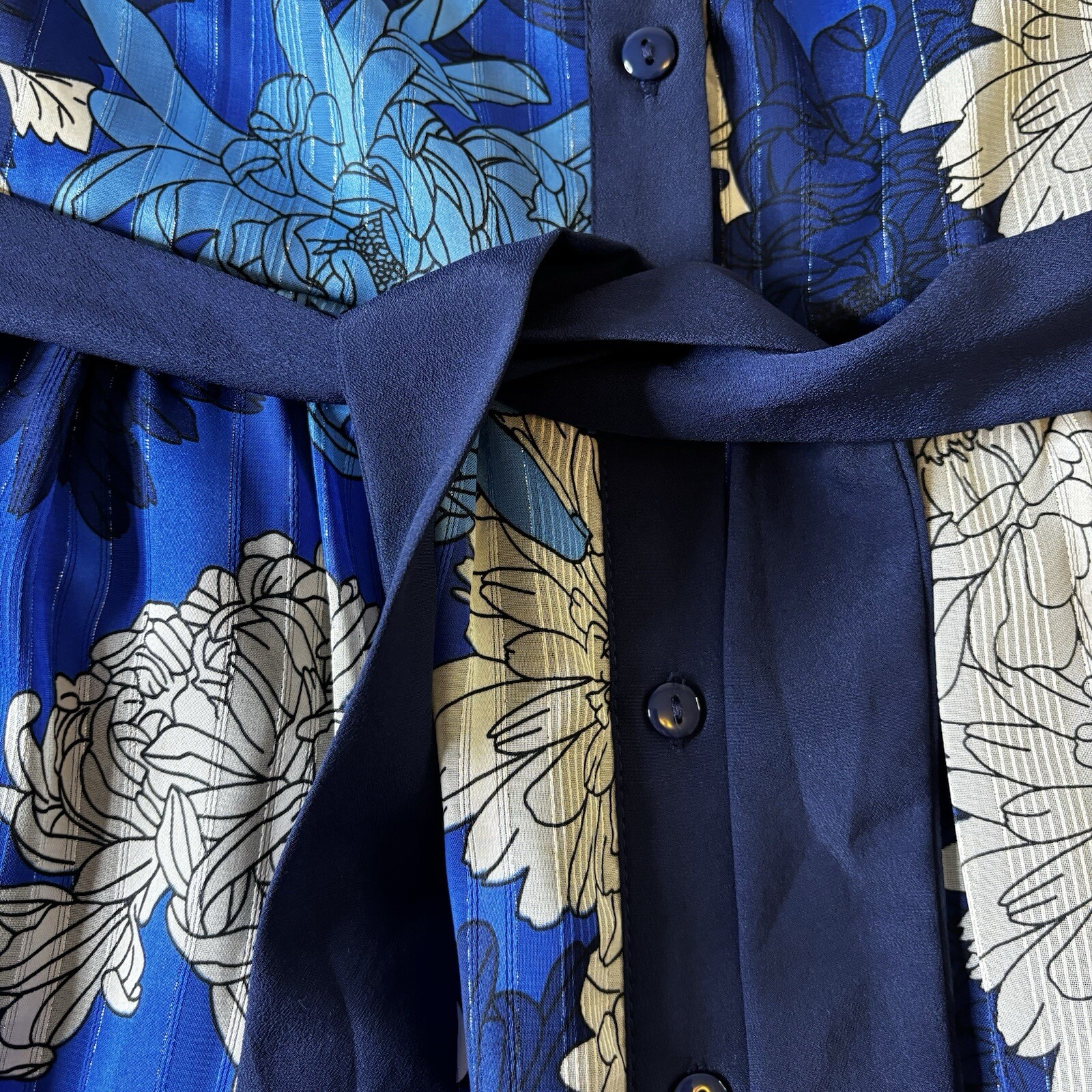 Lace & Mesh Dress Womens Medium Blue Floral Pleated Belted Button Front Career
