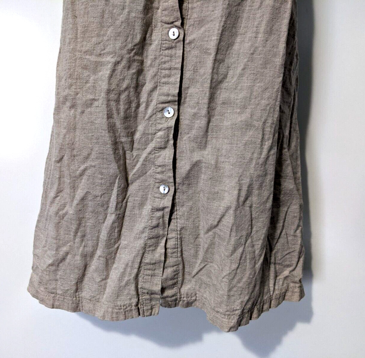 Eco Romantic Women’s Button Front Dress Flax Color Short Sleeve 100% Cotton EUC