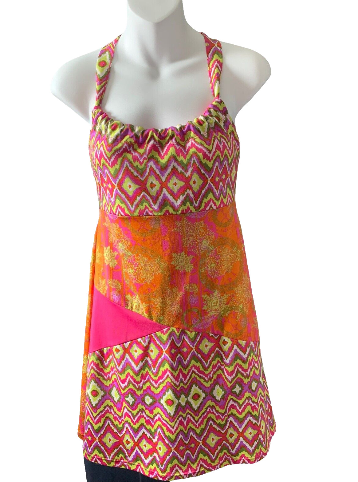 LOLA Activewear Dress M Orange Pink Sport A-line Built-in Bra Colorful Panels