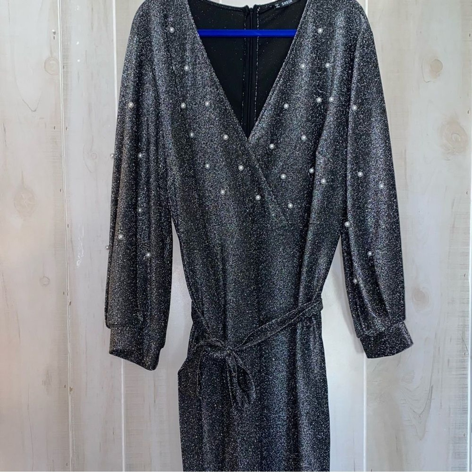 Plus Metallic Silver Pearl Embellished Belted Midi Dress with Lantern Sleeves