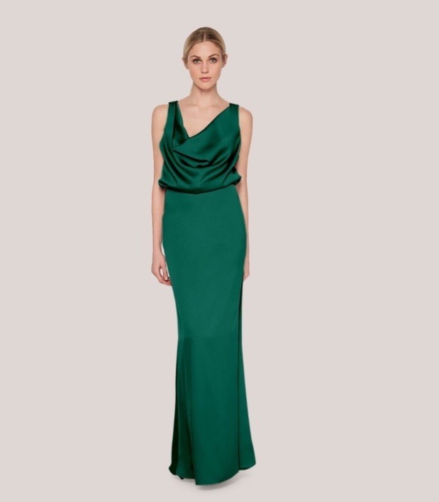 Fame and Partners Maxi Dress Emerald Green Satin Formal Gown size 4