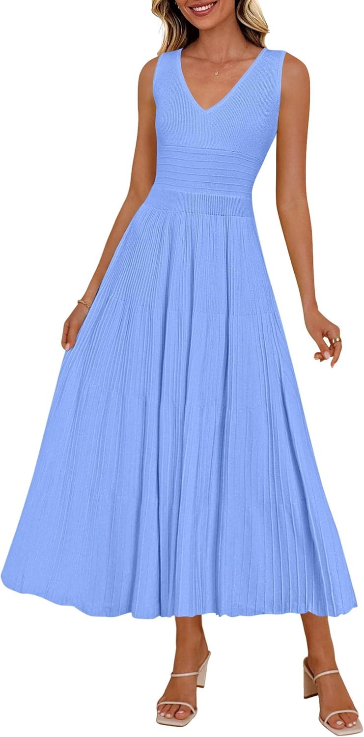 Summer Dresses for Women 2026 Spring Casual Sleeveless V Neck Pleated Midi Work