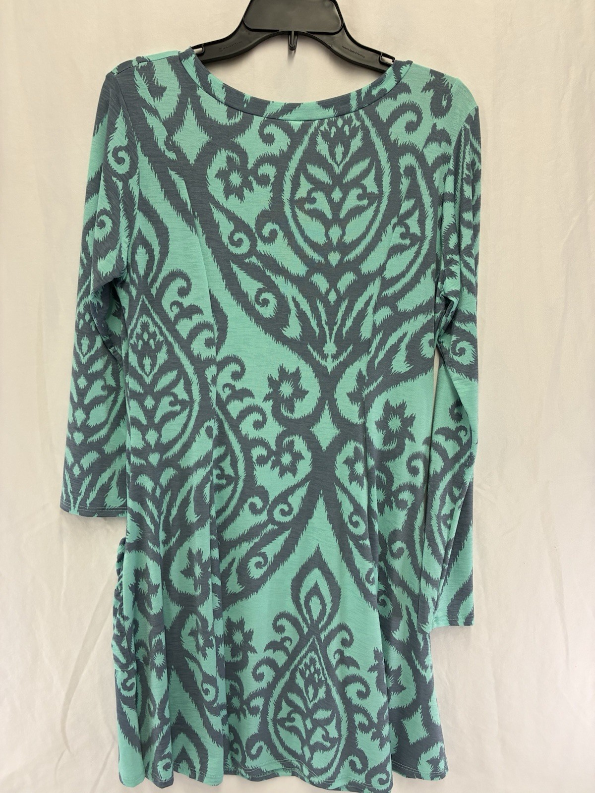 Hershe Tunic Top M Teal Gray Damask Print Long Sleeve Pockets Stretch USA