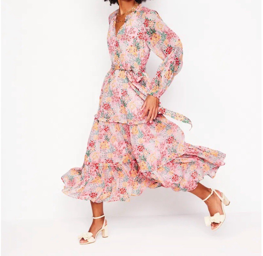 Boden Ruffle Smocked Midi Dress Size UK12R 100% cotton, Lining 100% Viscose PNK