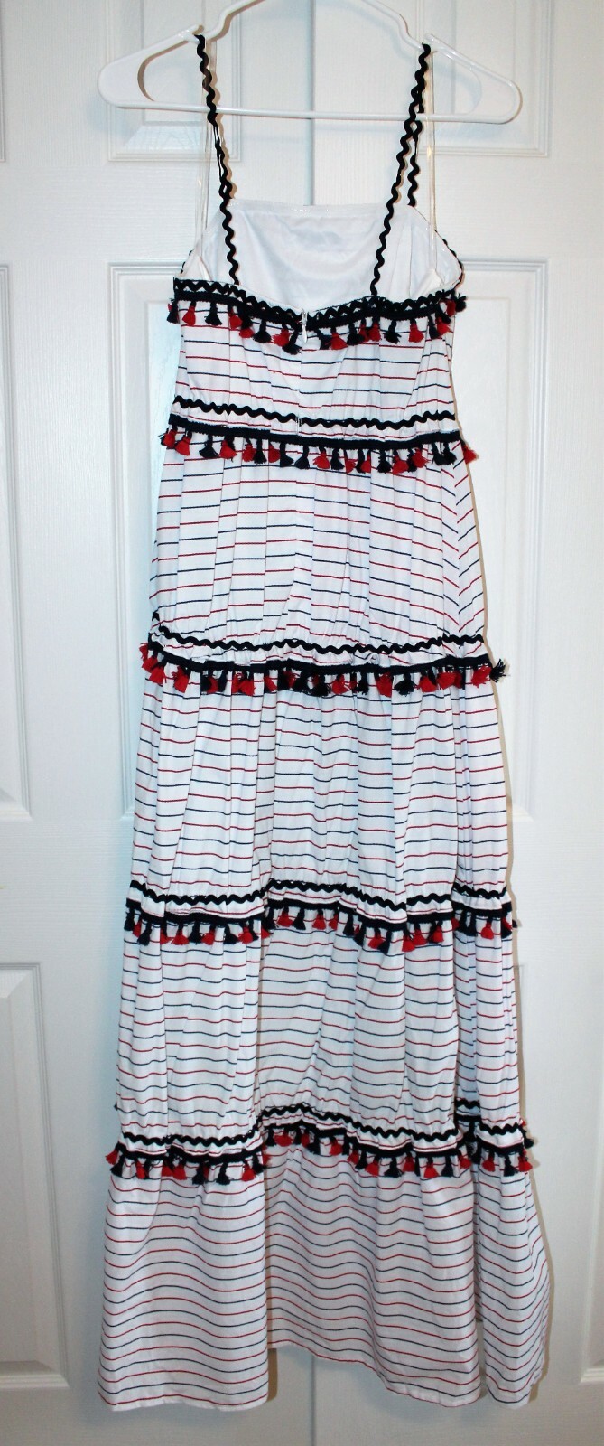 New L’ATISTE Boho Tiered White Blue Red Cotton Maxi Dress Size Medium or Large