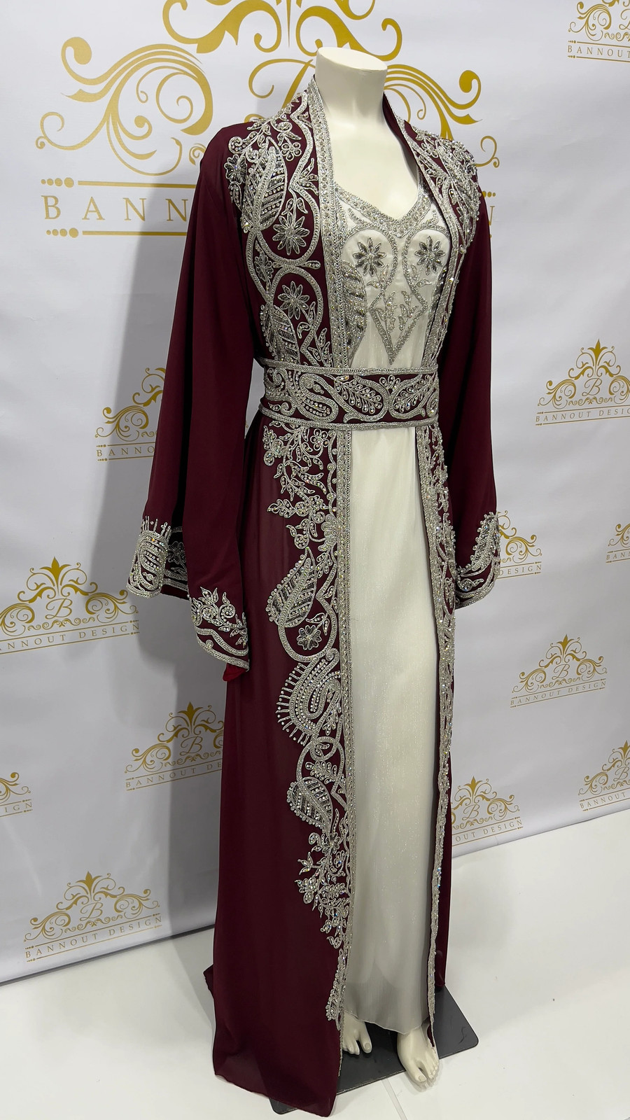 Fancy Kaftan Caftan Abaya 3 Pcs. Leaves Embellished Embroidery & Silver Beads