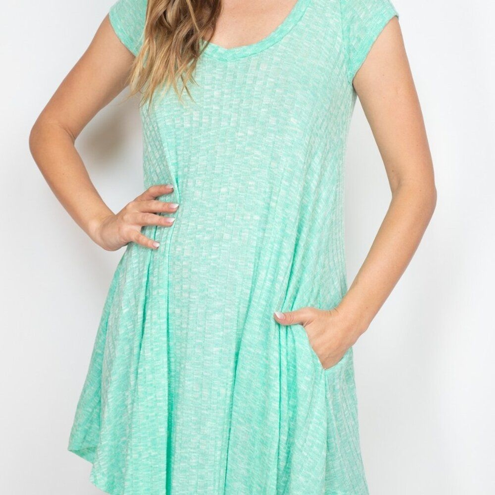 Lollipop Star Mint Ribbed Knit Pockets Crewneck Cap Sleeve Soft Summer Dress