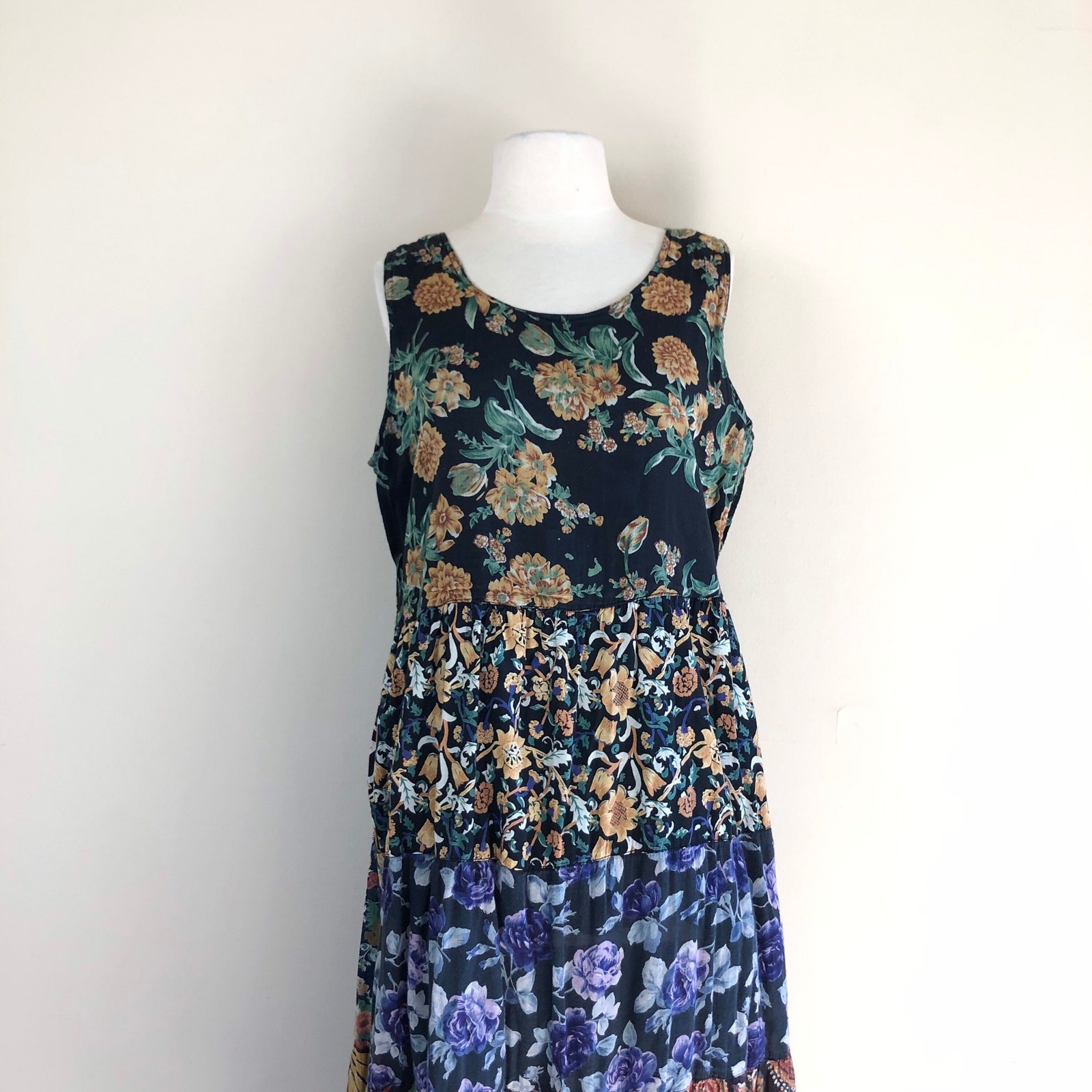 vintage india cotton gauze patchwork black floral dress 90s sheer cottagecore