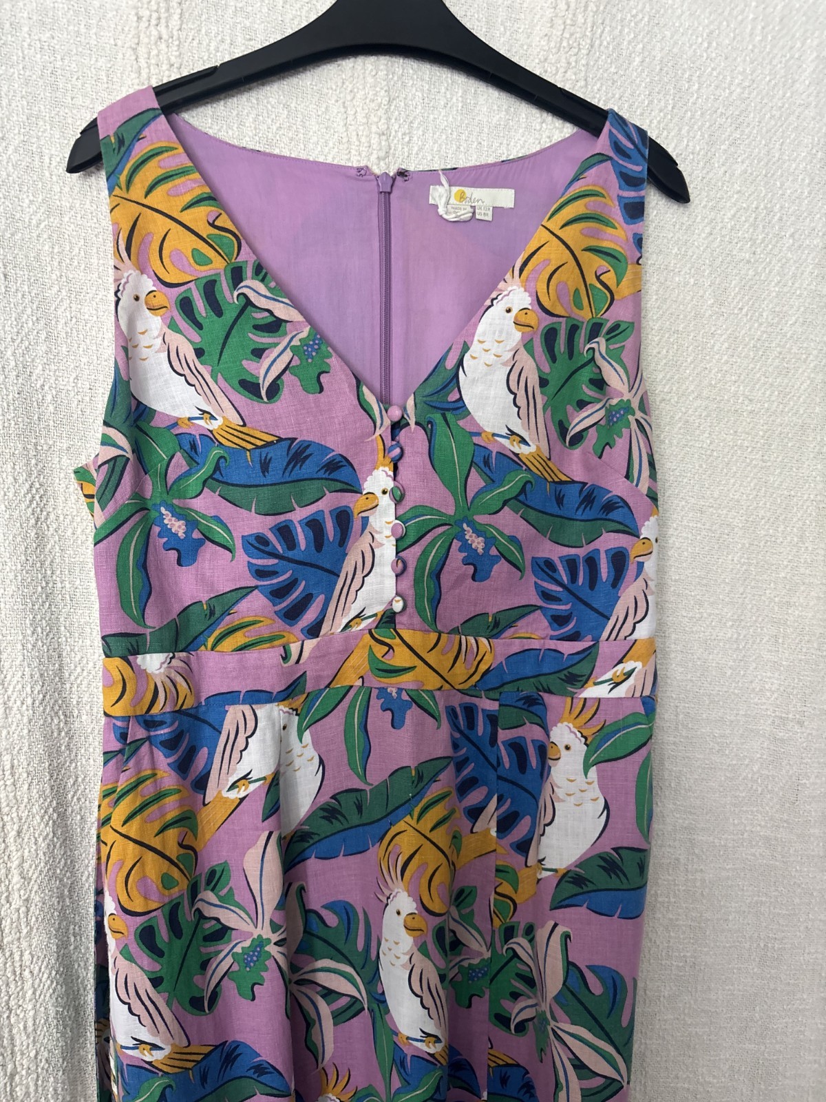 Boden purple green white linen sleeveless maxi v-neck bird parakeet palm tree 12