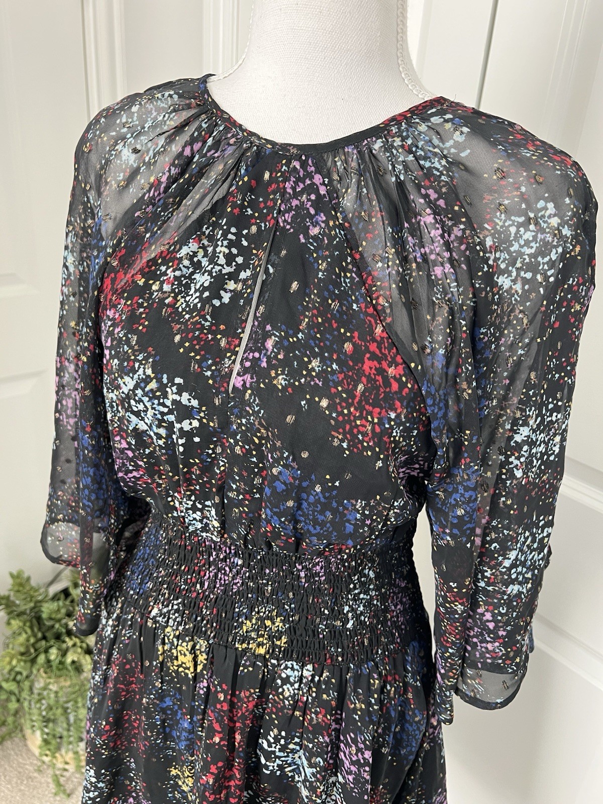Free People Anna Multi Colored Metallic Mini Dress Printed Smocked Size XS