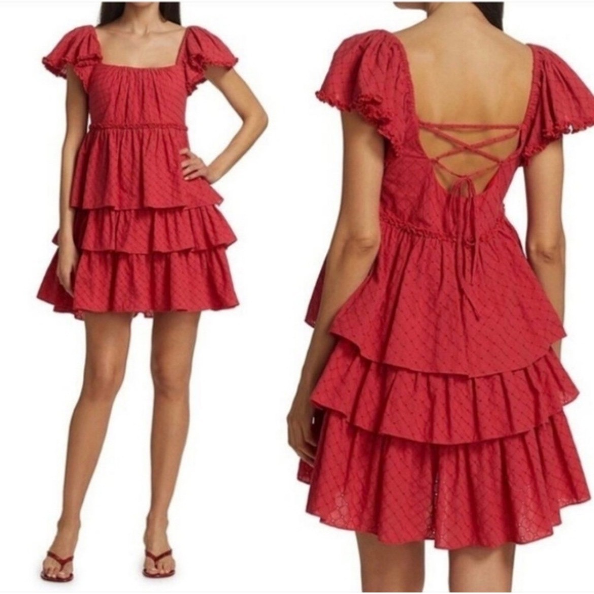 Cinq A Sept Marcia Red Eyelet Ruffle Tiered Lace Up Back Mini Dress Size 4