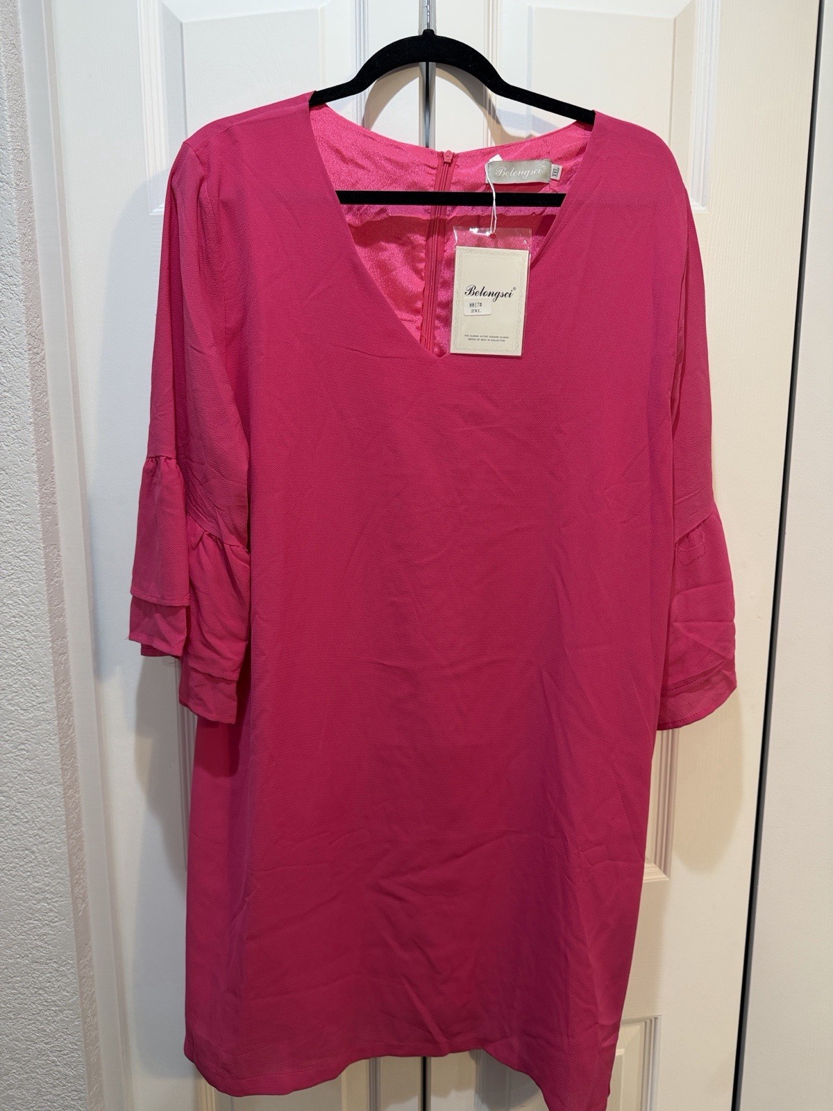 Belongsci Pink Solid V-Neck Knee Dress 2XL Plus 3/4 Ruffle Sleeve Zip