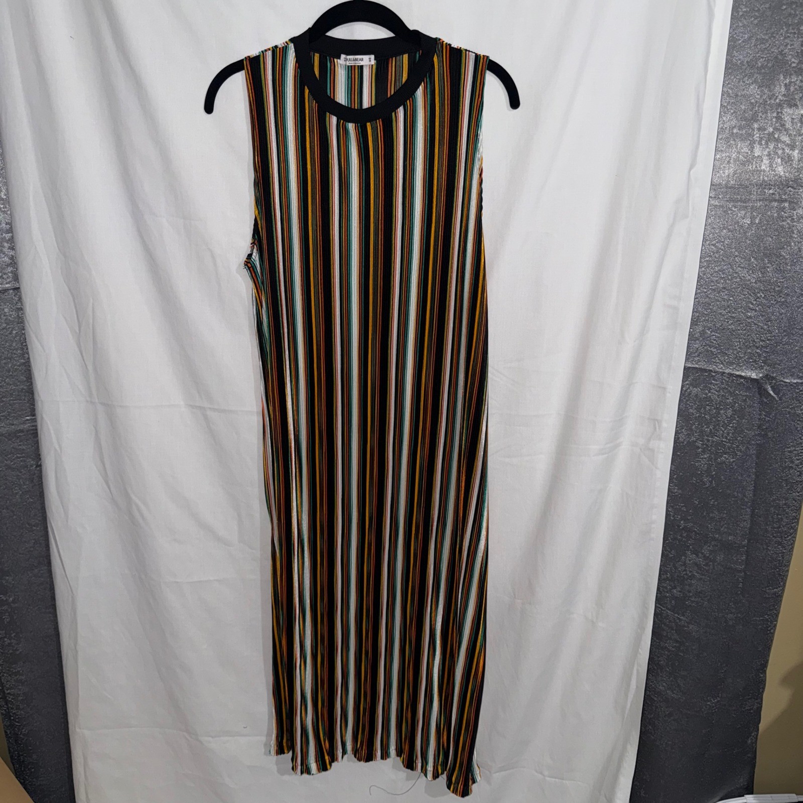 Pull&Bear Plisse Striped Midi Dress M Multicolor Sleeveless Retro Crinkle Pleats