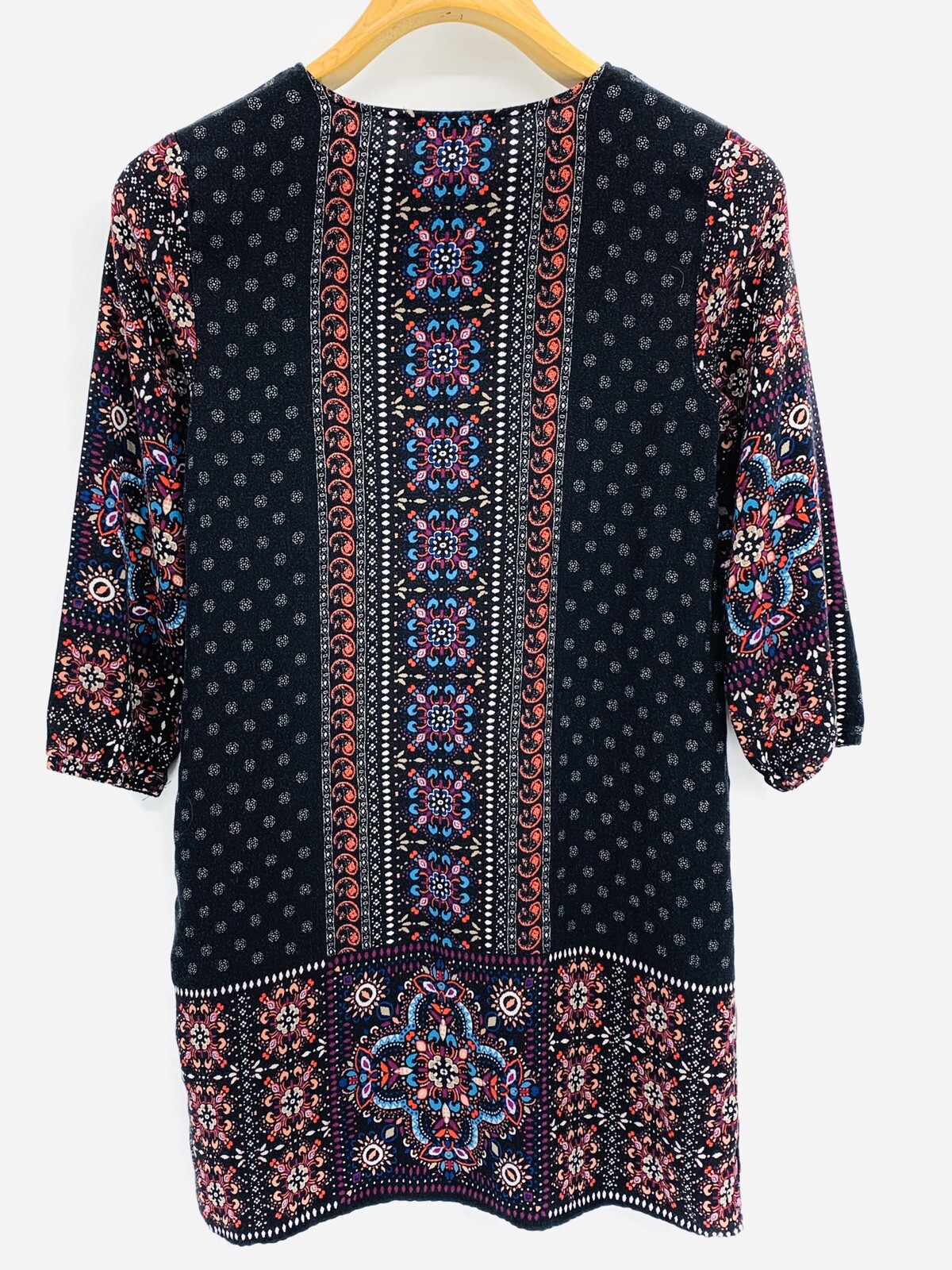One Clothing Womens Medium Dress Black Paisley Tribal Geometric Print 3/4 Sleeve