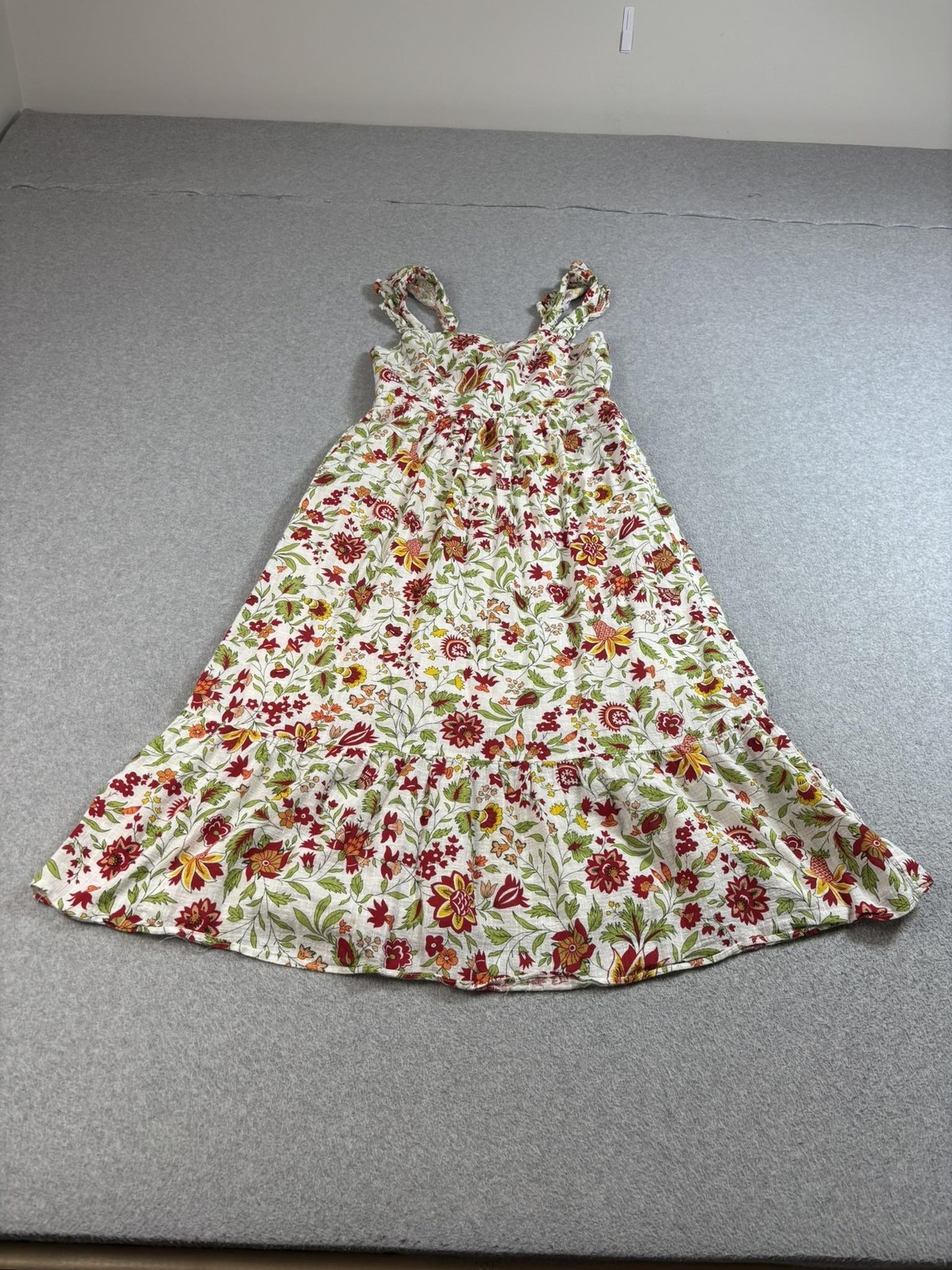 DRA Dress Womens Medium White Red Green Floral Romantic Tiered Sundress Boho