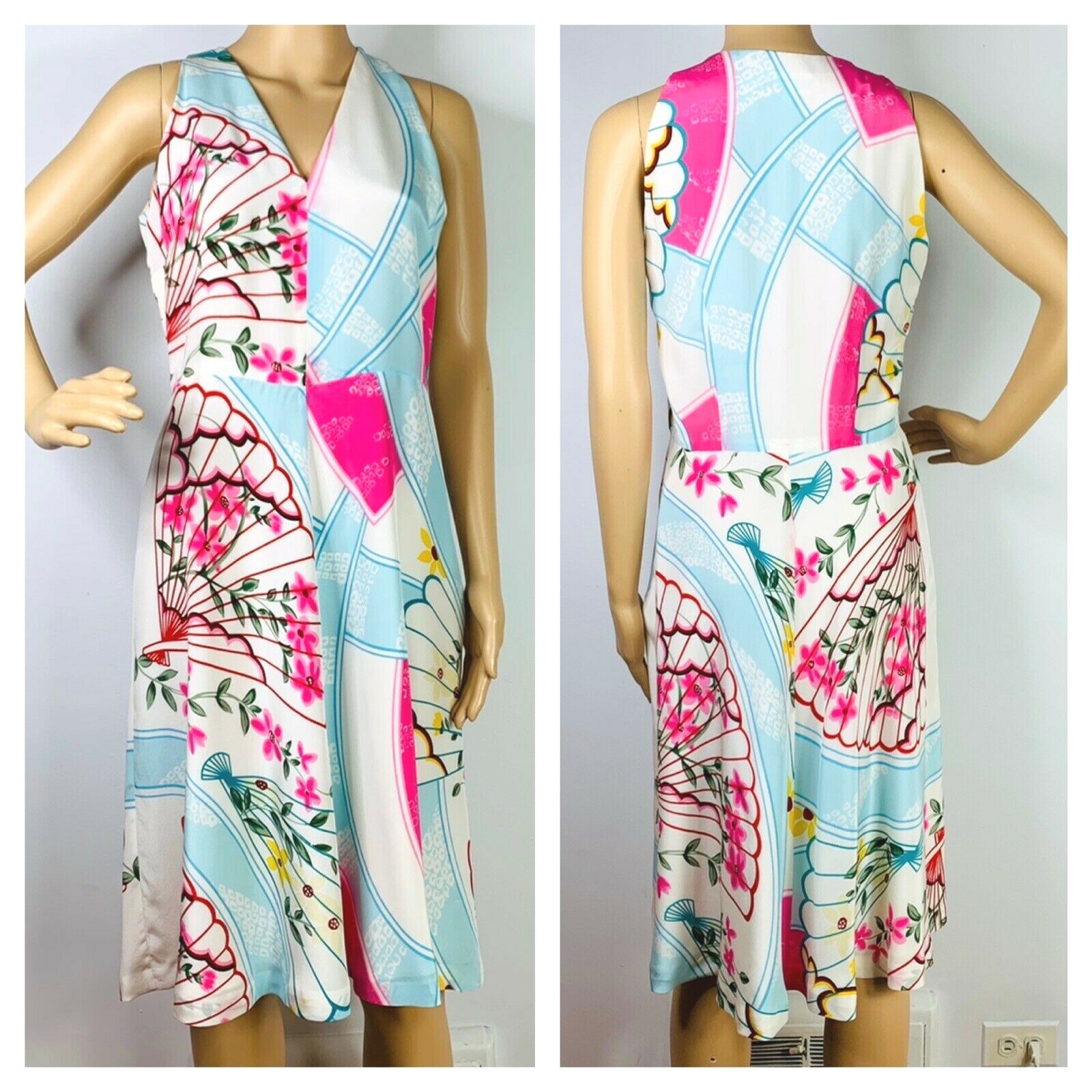 Neiman Marcus 100% Silk Crepe Dress Sz 6 Floral Fan Kimono Print A-Line