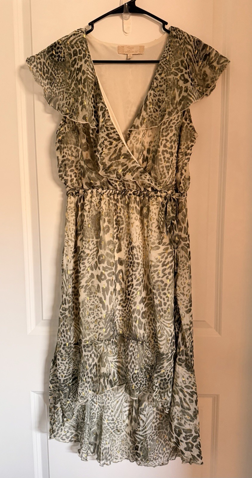 Time to Bloom Animal Print Ruffled Green Gold Size S V Neck Lined Dress