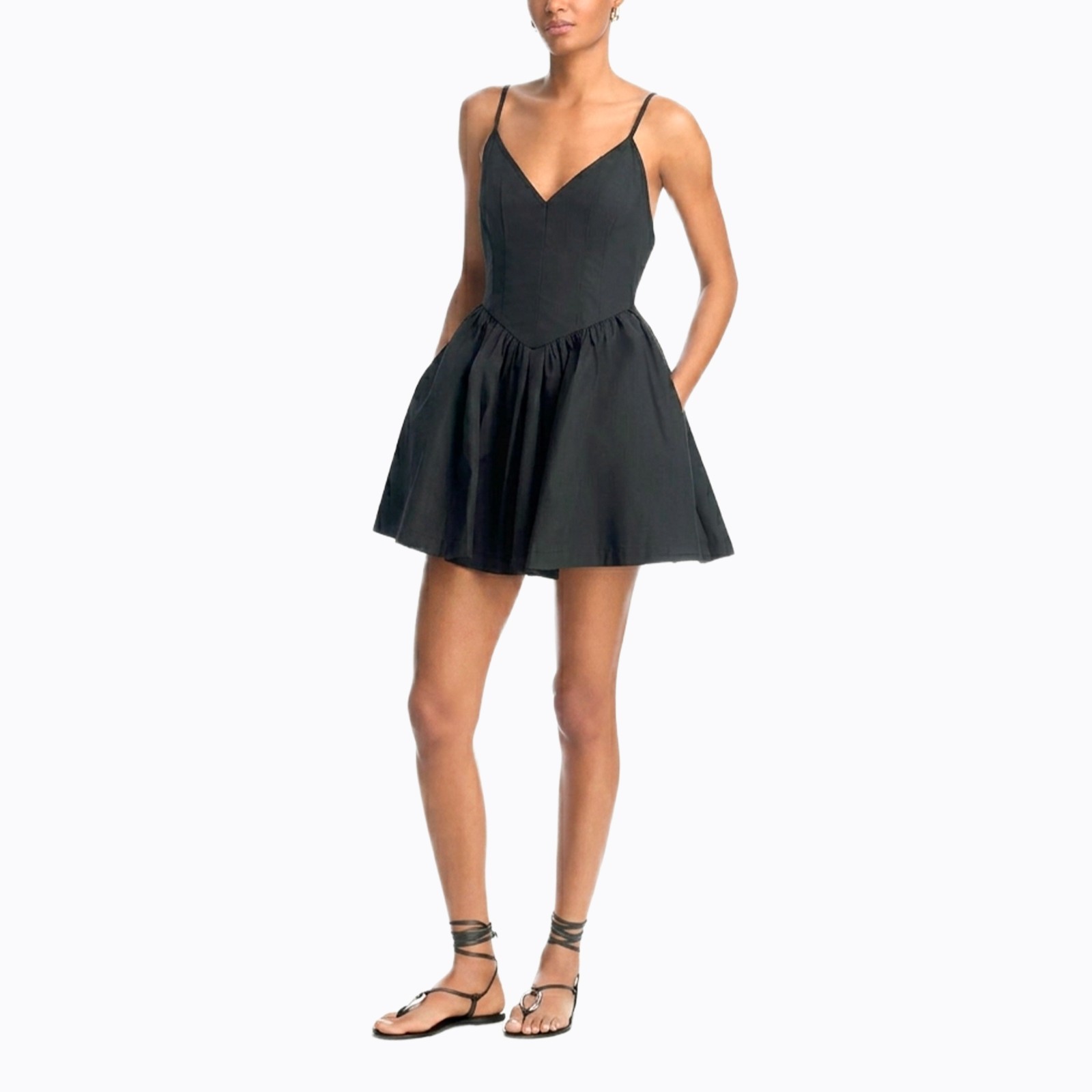 AQUA Bloomingdales Black Fit & Flare Mini Dress Small Pleated Basque V-Neck LBD