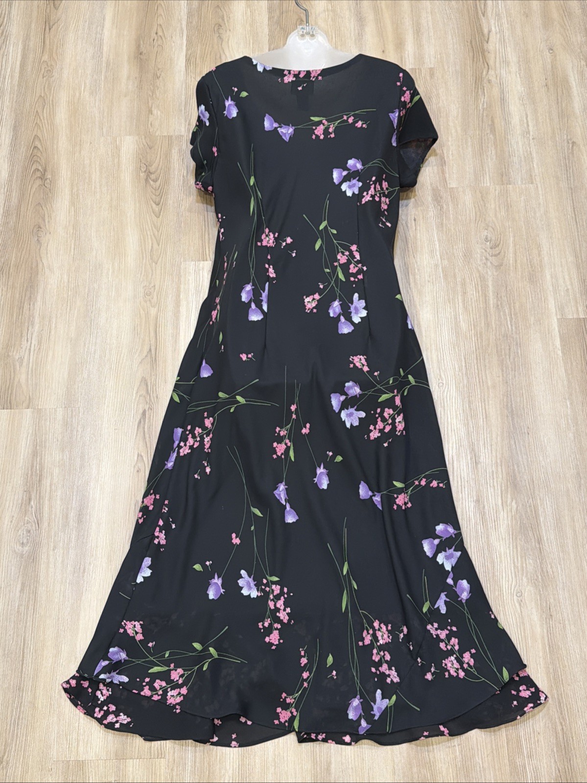 Premier International Floral Midi Dress M 10-12 Black A-Line Sheer Overlay Y2K