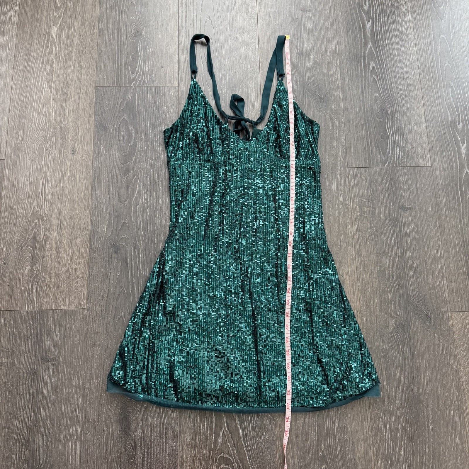 Free People Green Sequin Mini Dress Chemise Gown Bow Medium Whimsigoth Party