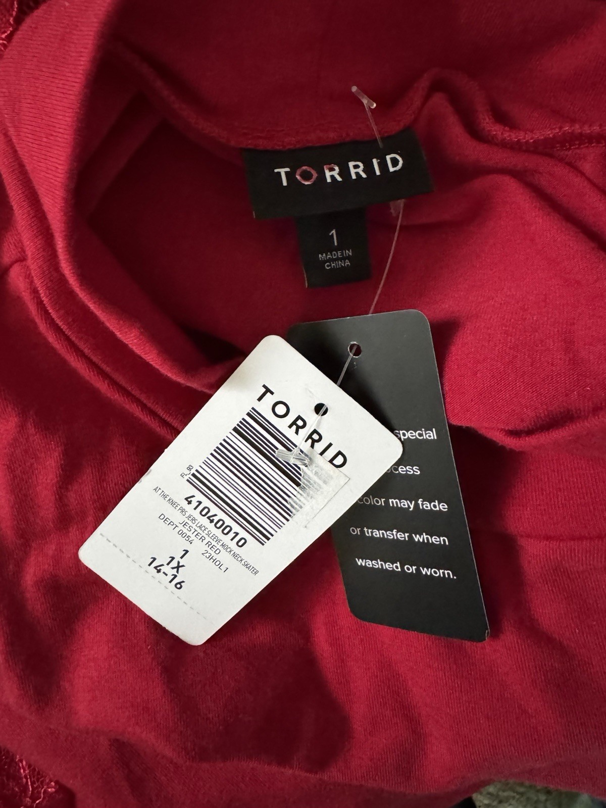 Torrid Red At The Knee Jersey Lace Sleeve Mock Neck Skater Dress Size 1X NEW