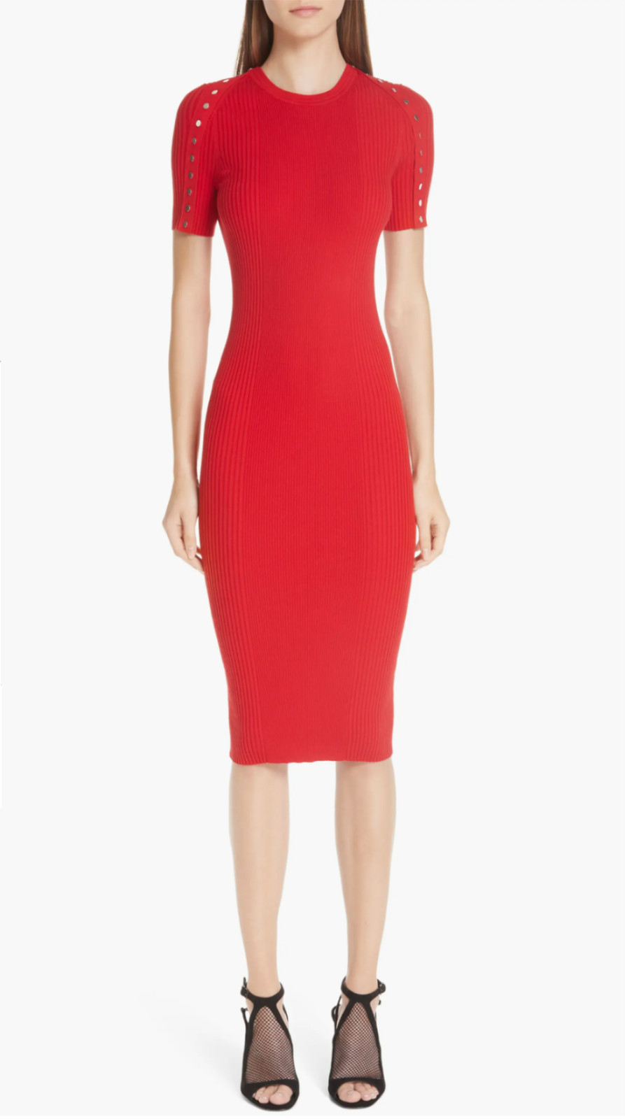ALEXANDER WANG Snap Short Sleeve Ribbed Knit Bodycon Midi Dress, XS Red