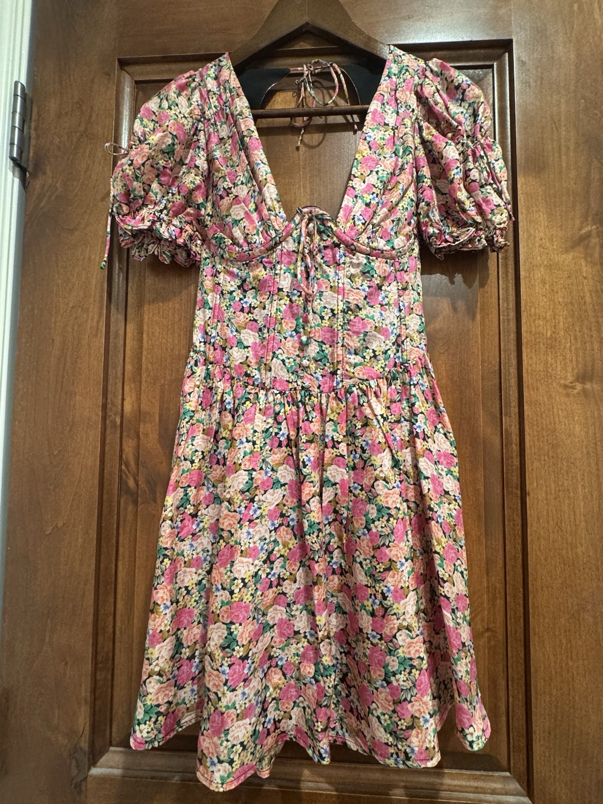 For Love & Lemons Pink Floral V-Neck Ruffle Puff Sleeve A-Line Dress XS