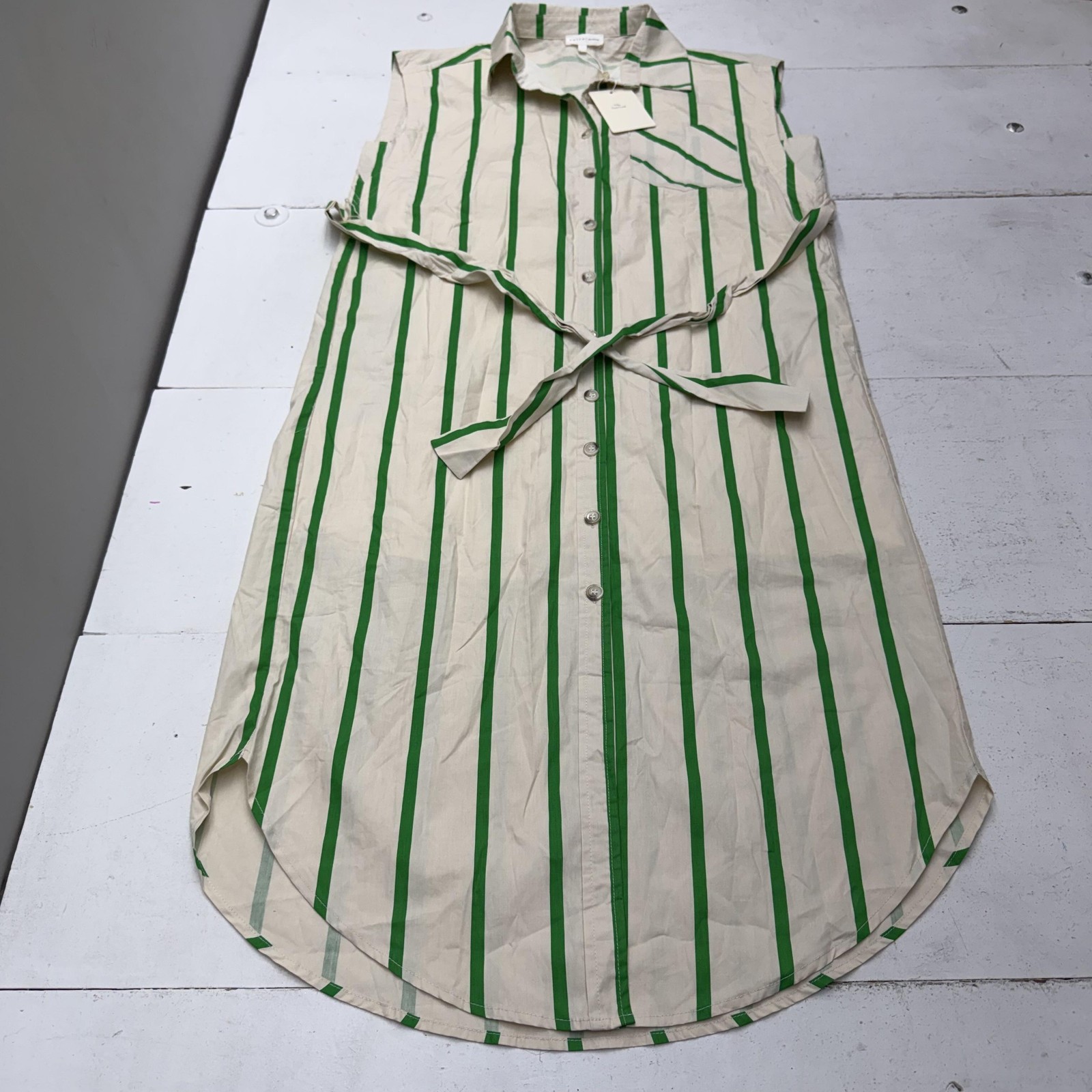 Entro Dress Womens M Beige Green Striped Sleeveless Button Shirt Maxi Belted