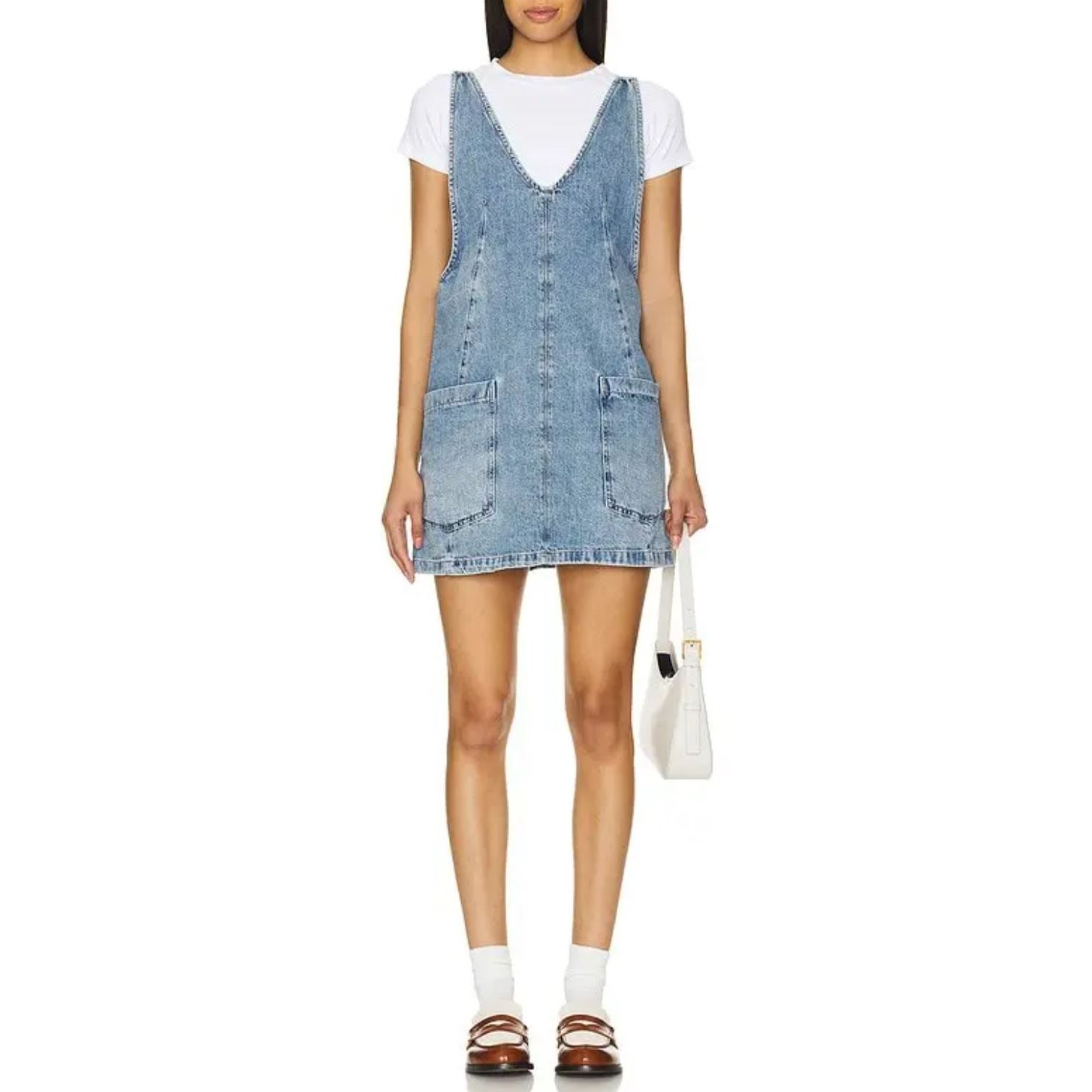 Free People High Roller Skirtall Medium Denim Overall Mini Dress Western Boho