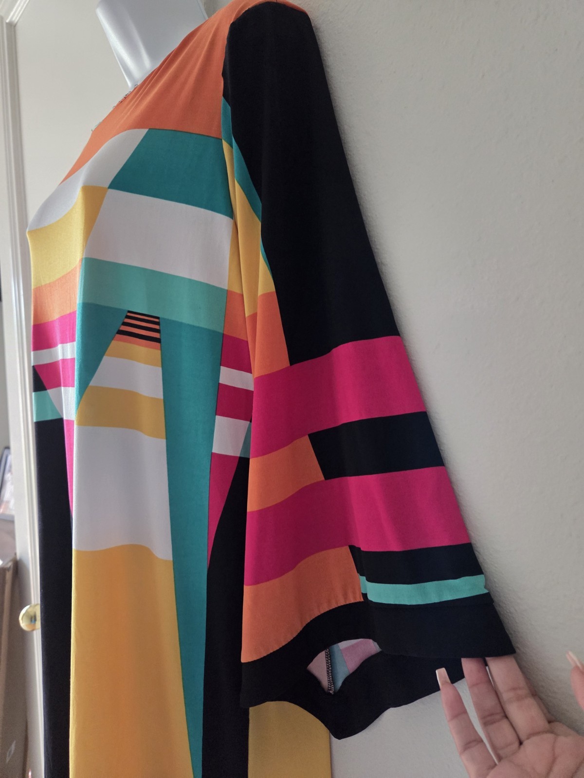 Y2K Emma & Michele Multicolor Geometric Jersey Shift Dress | M | Boat Neck 3/4