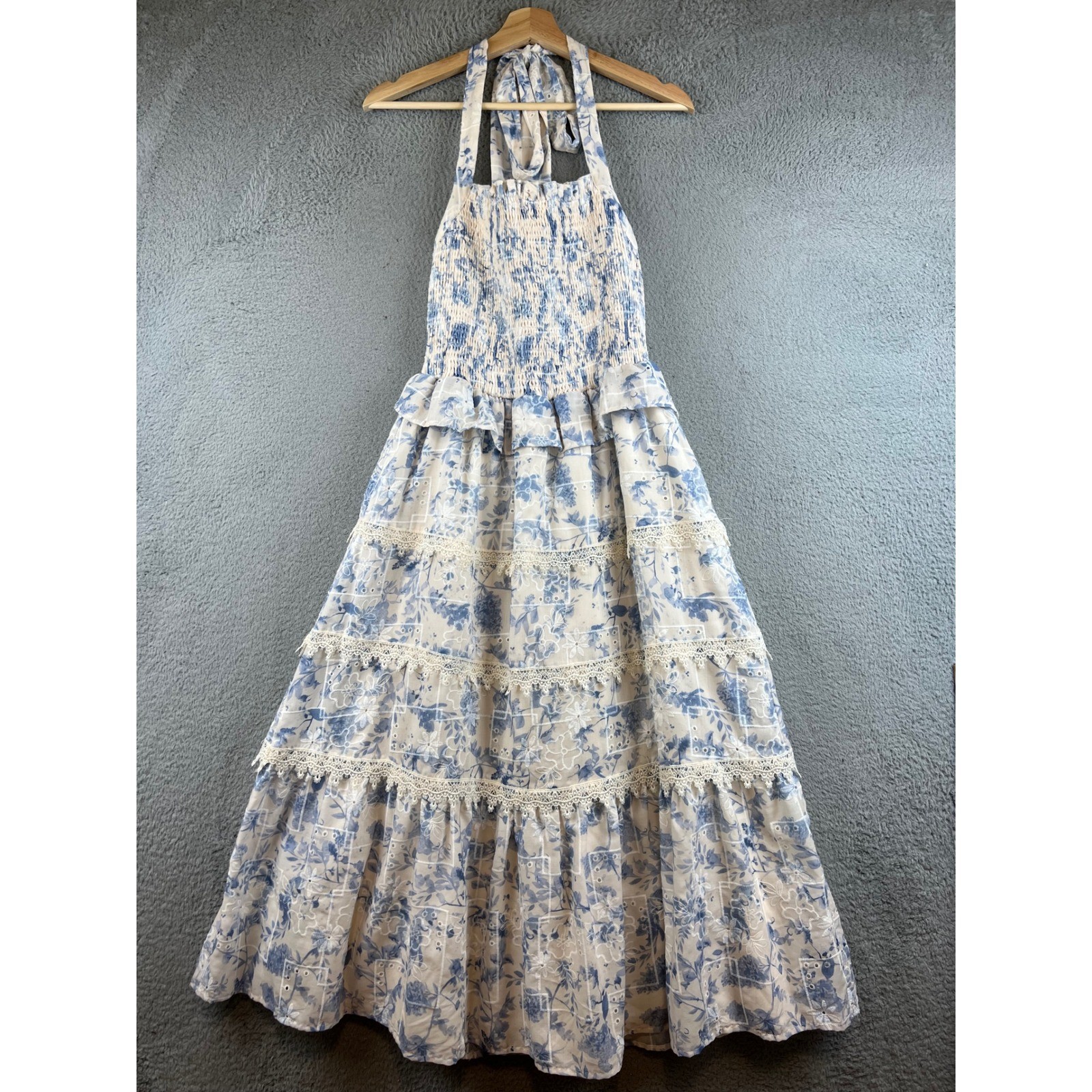 Just Me Blue Floral Smocked Halter Maxi Dress Eyelet Lace Tiered Cottagecore S