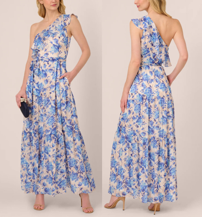 Adrianna Papell One Shoulder Metallic Stripe Floral Maxi Dress in Blue sz 4 $229