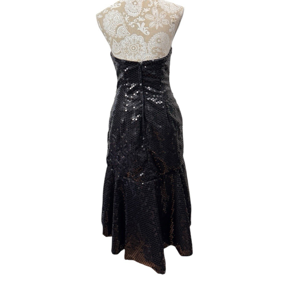Vintage 80s Size 7/8 Black Sequins Gold Lame Hi Lo Mermaid Midi Dress Strapless