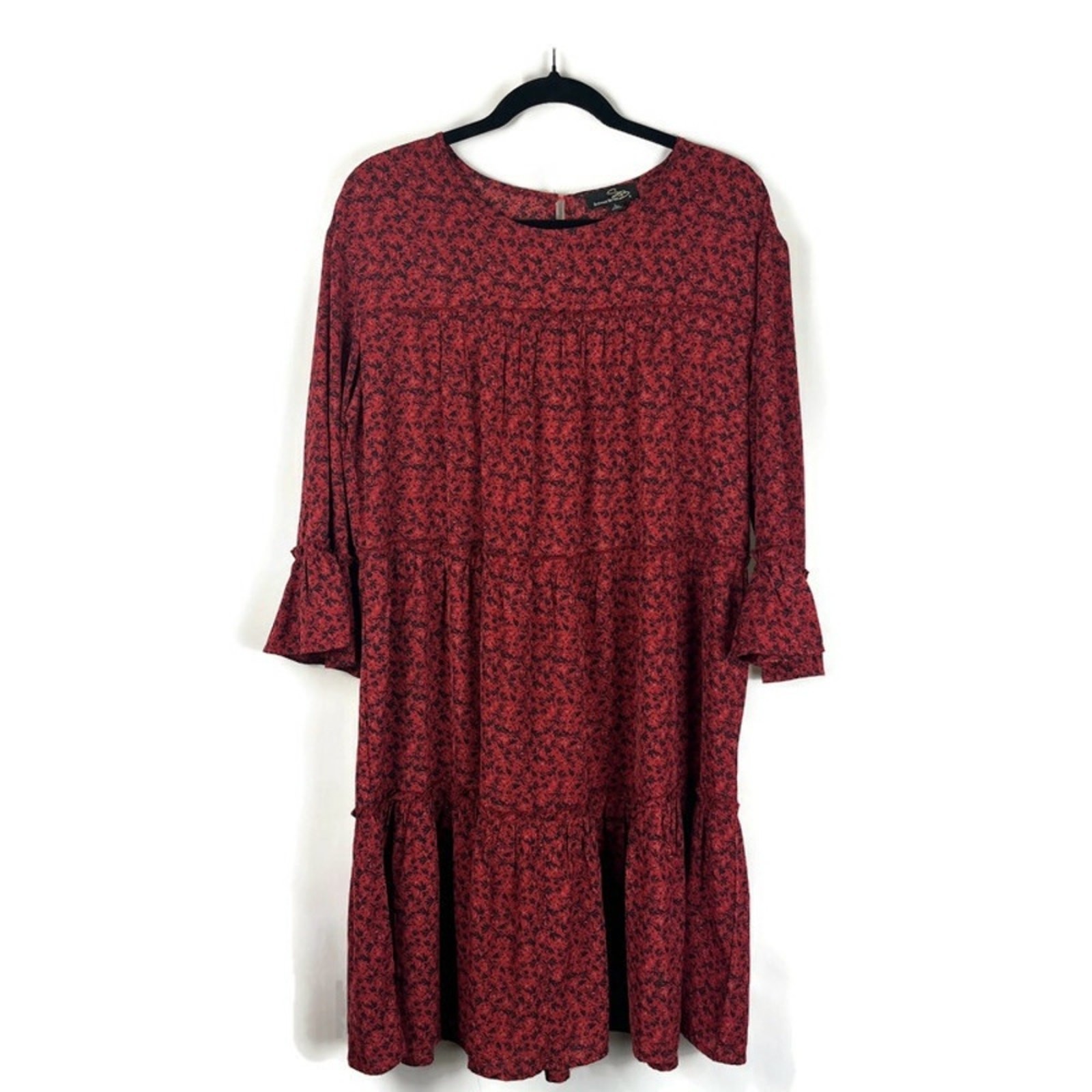 Red Black Print Tiered Ruffle Midi Dress Size Large Cottage Whimsigoth Goth