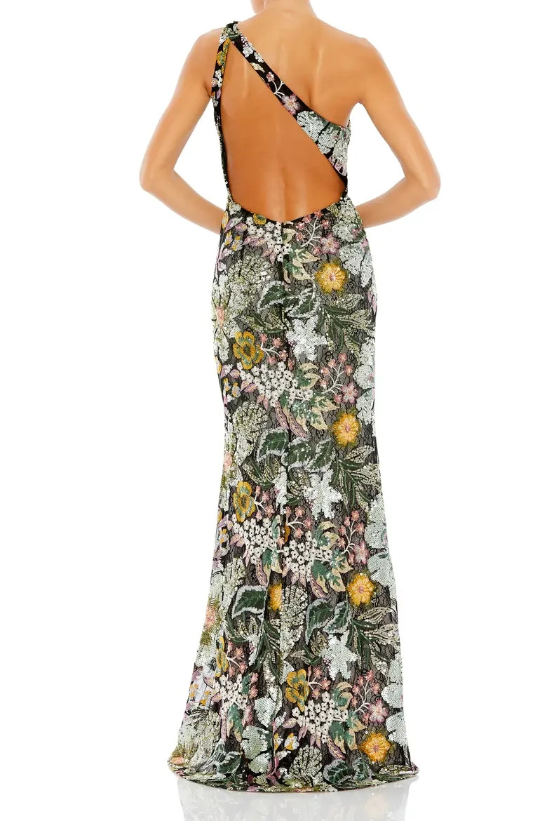 Mac Duggal Black Multi Embellished Floral One Shoulder Gown Size 8 $698