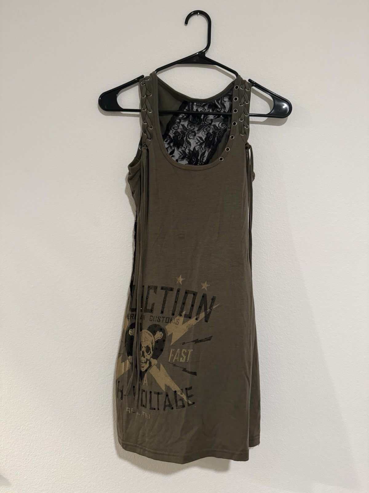 Affliction Premium Green Black Lace Sheer Mini Moto Rocker Biker Club Dress XS