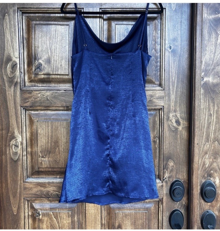 Altar’d State Navy Blue Solid Cowl Neck Satin Strappy Zip Mini Dress L