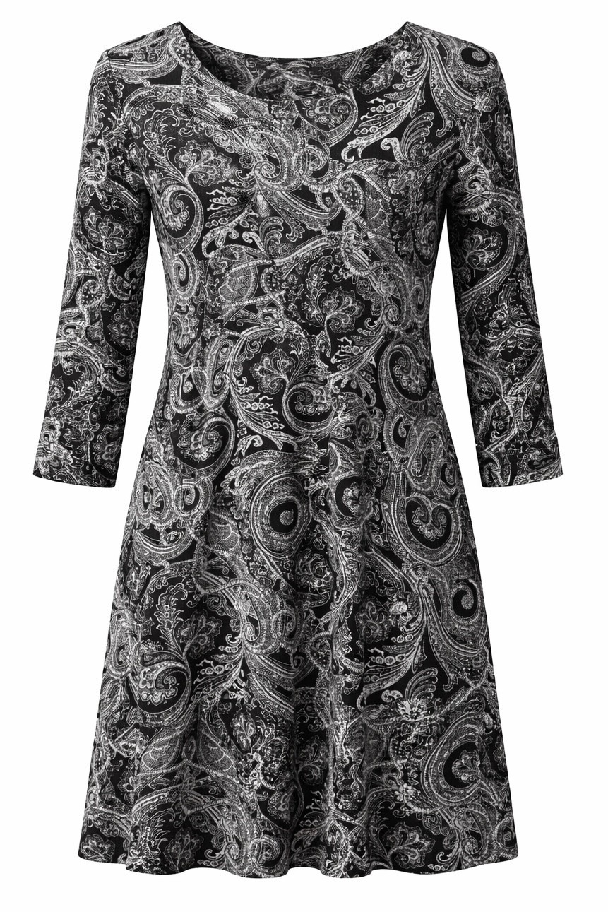 Apt 9 L Black White Paisley Shift Dress High Neck 3/4 Sleeve Pockets Modern Chic