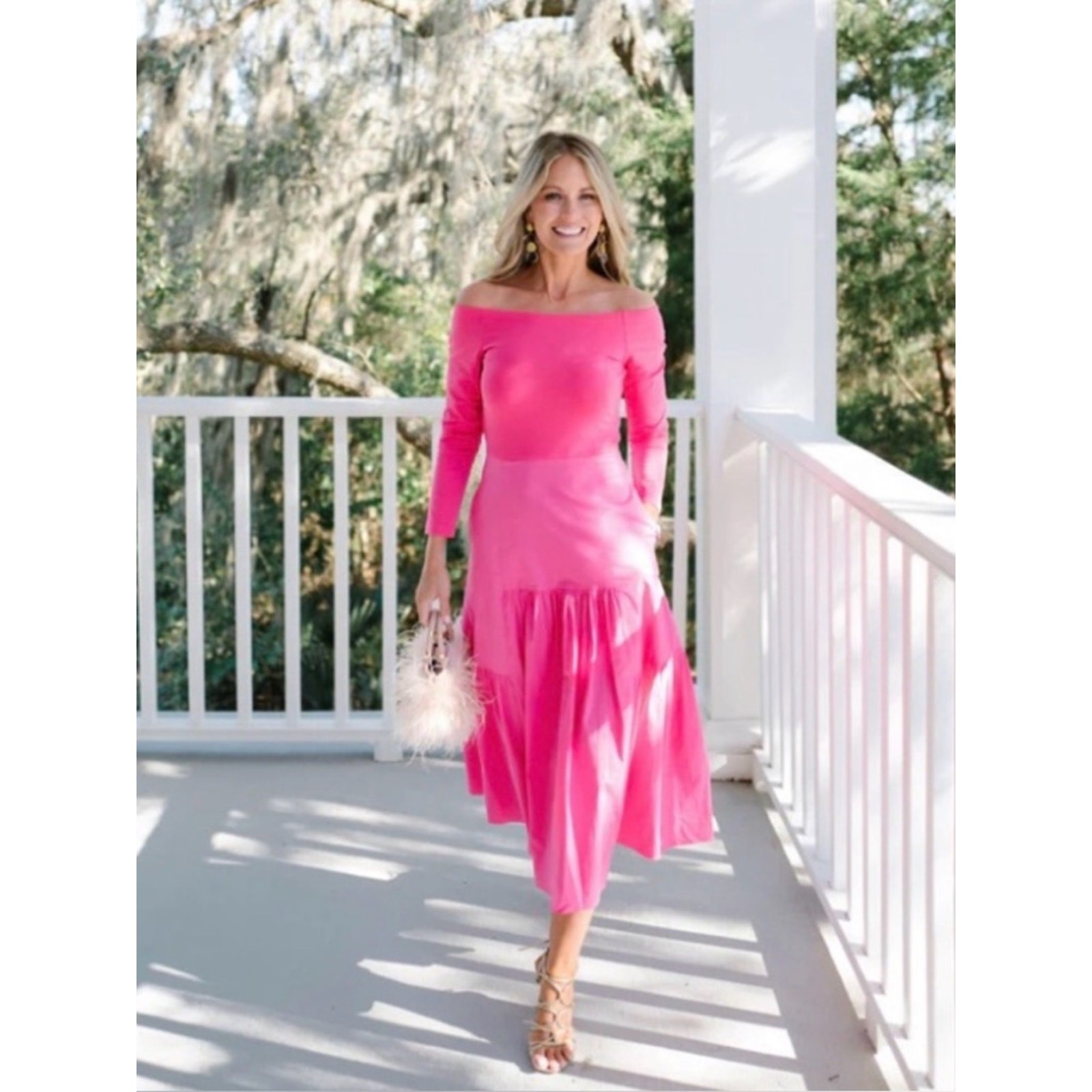 NWT Tuckernuck x Cameran Eubanks Marissa Dress Pink Midi Off Shoulder Pockets M