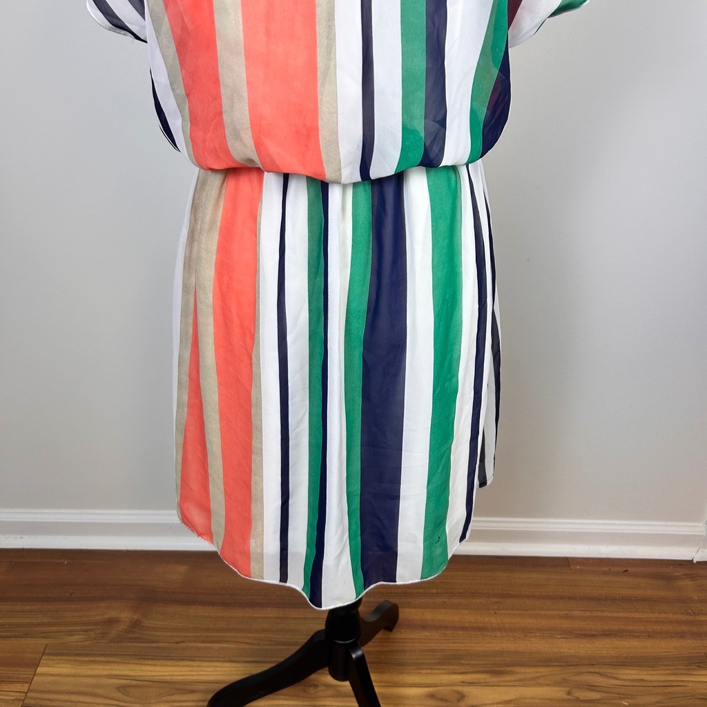 Espresso Colorblock Striped Chiffon Dress Womens Medium Green Orange Navy White