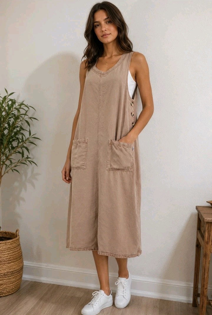AKS Amy K Su Jumper Overall Dress Petite L Pockets Midi Side Buttons Brown #AA