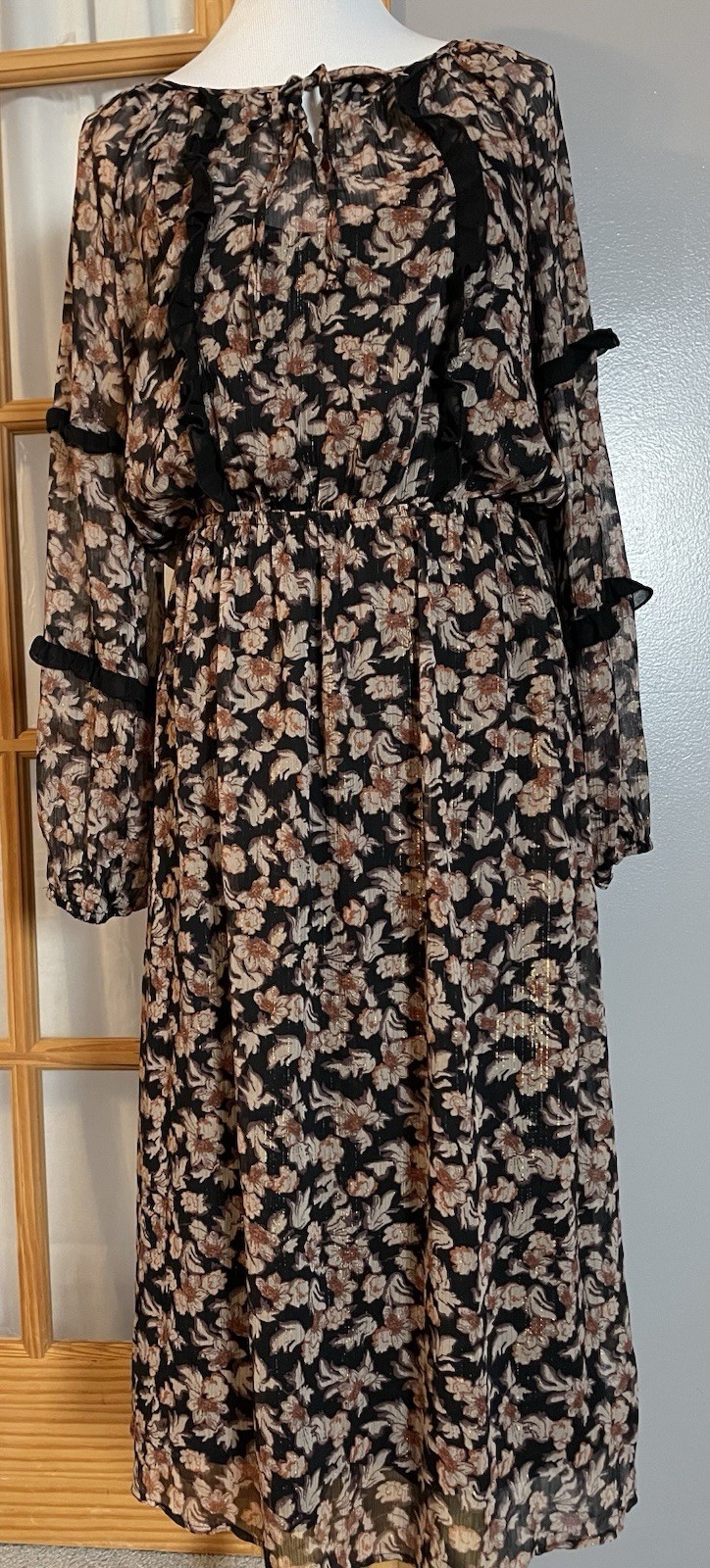 Boho Floral Chiffon Midi Dress Sz L Black Beige Metallic Trim Ruffles Prairie