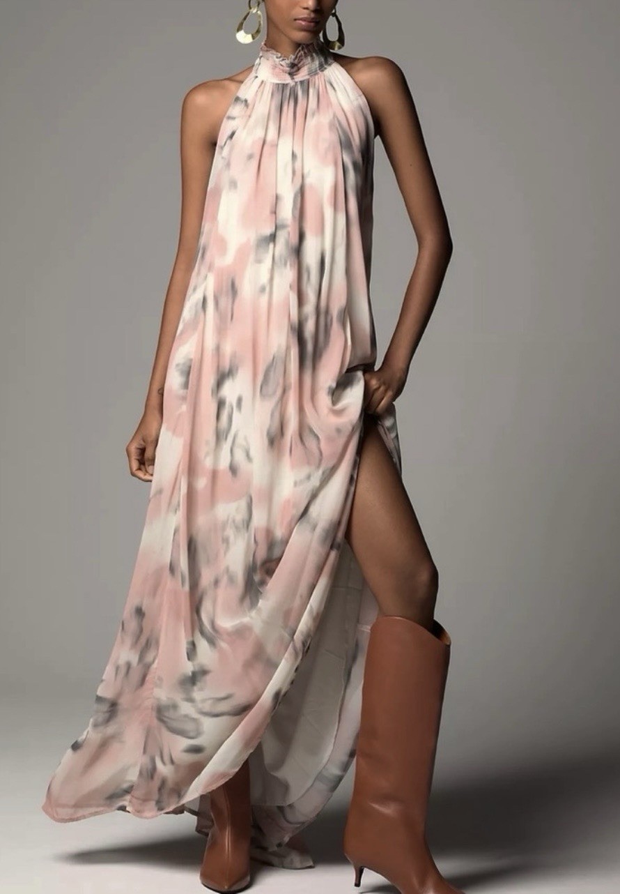 Maeve Anthropologie Chloe Maxi Dress, Size XL, Pink Grey, New Without Tags