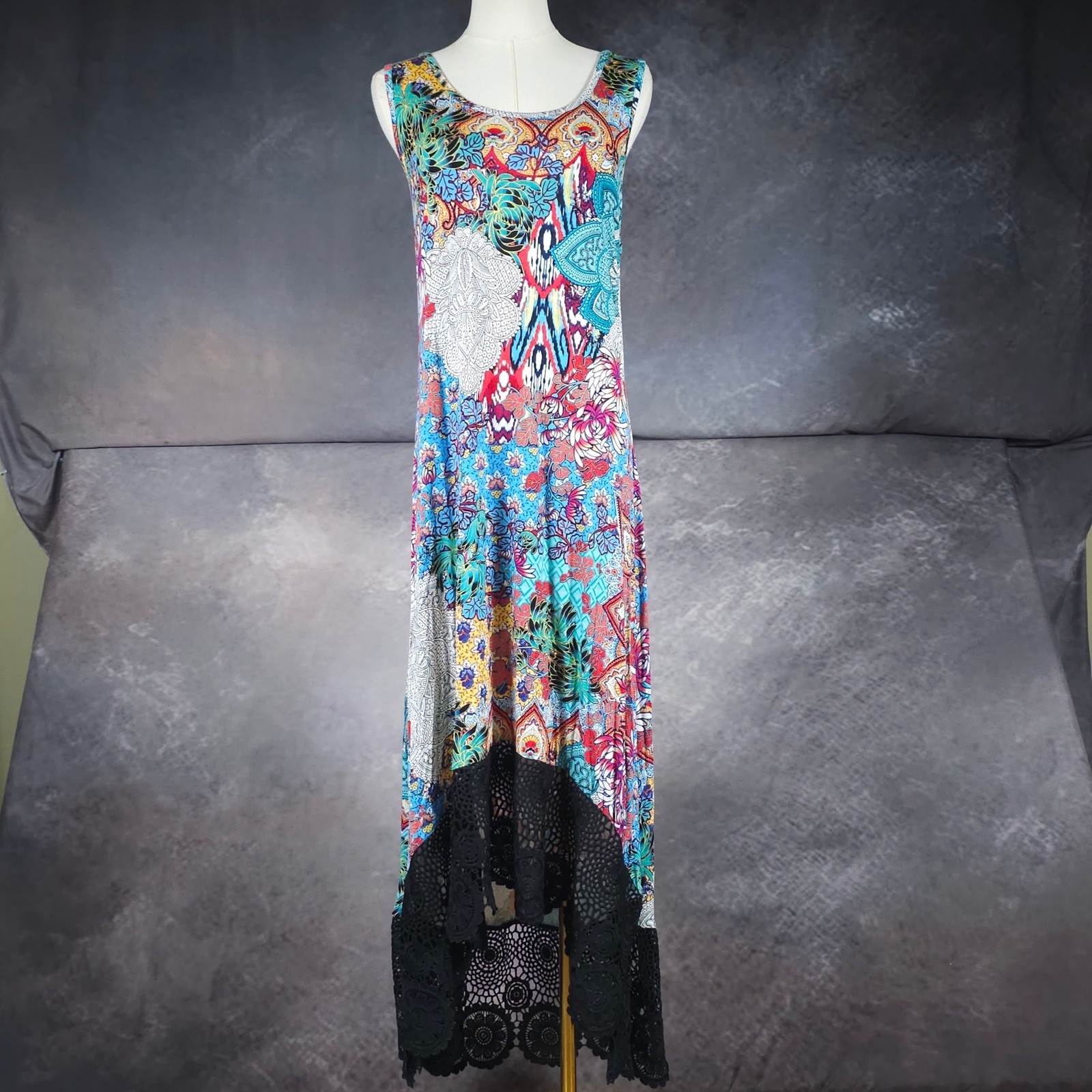 NWT Cupio Dress Bohemian Crochet Lace Trim High Low Hem Multi Color XL