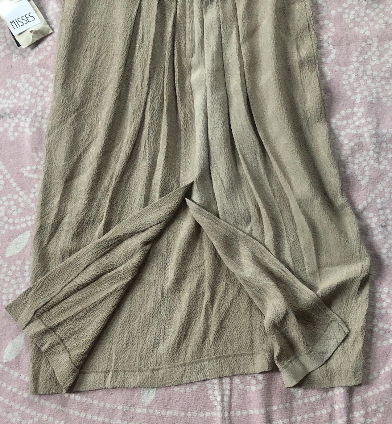 Vtg Impulsive Sand Beige Crepe Long Slv Dress Buttons Shoulder Pads Lux Coastal