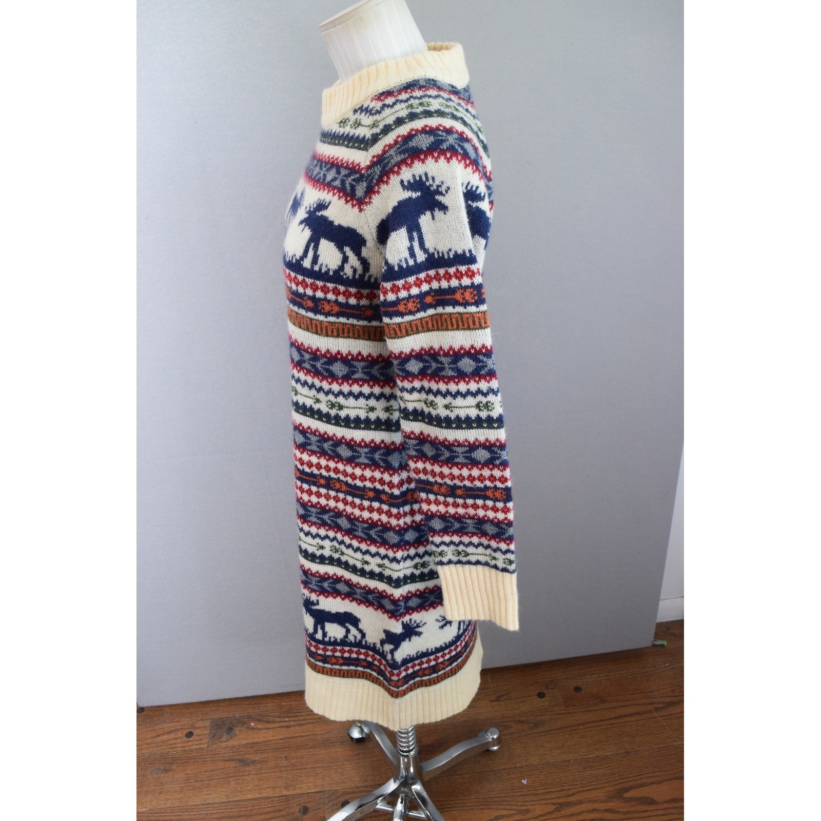 Kiel James Patrick Cozy Cabin Sweater Dress Medium Cream Fair Isle Moose