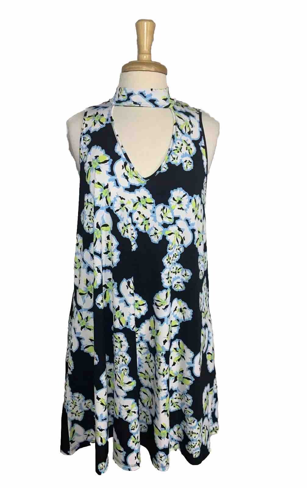 Kaari blue Floral Dress Sleeveless Women’s Size Large Keyhole Neck High Stretch
