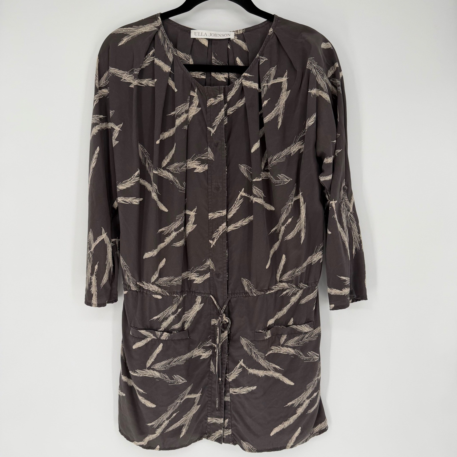 ULLA JOHNSON SILK MINI TUNIC DRESS SIZE 4 FEATHER PRINT BOHO CHIC – NOTE FLAW