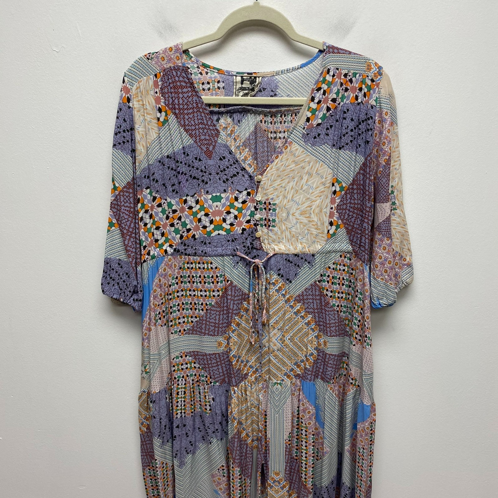 Jaase Womens Purple Beige Boho Patchwork V-Neck 3/4 Sleeve Tiered Maxi Dress XL