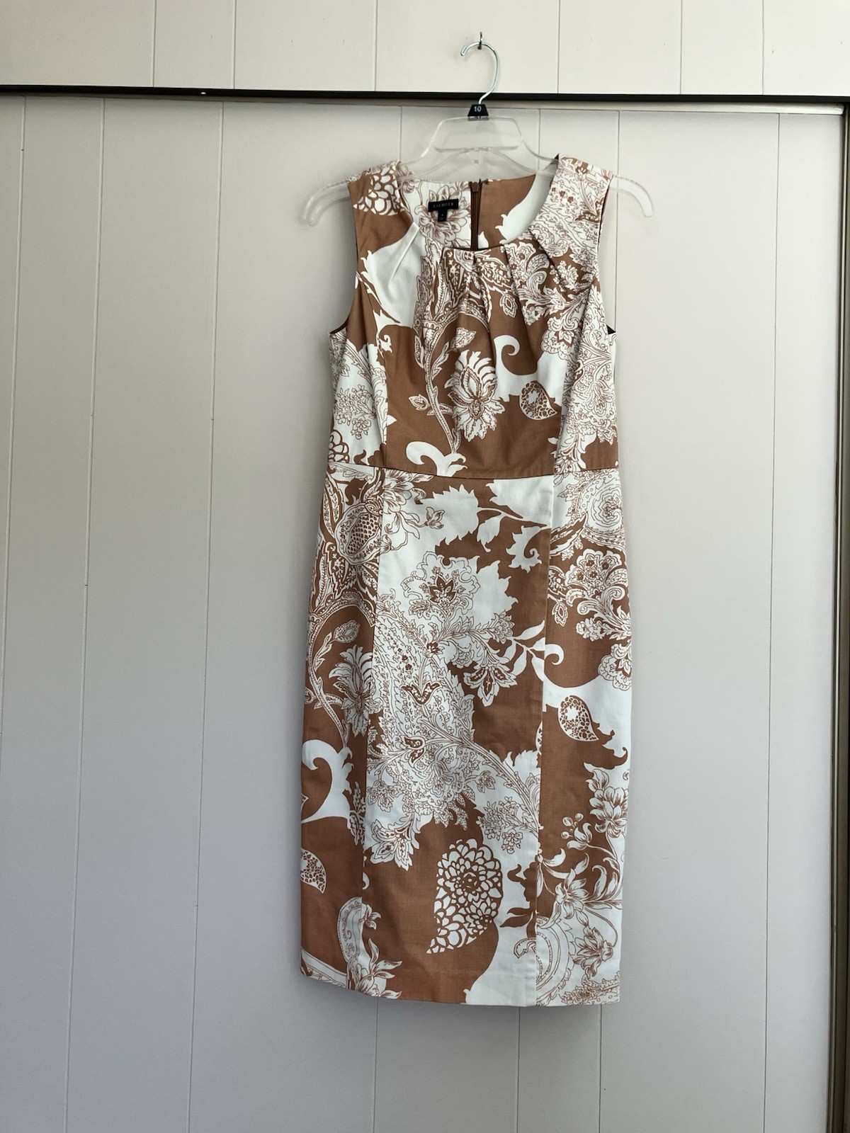 Talbots Tan & Cream Floral Sheath Dress Size 4 Cotton Blend Sleeveless Lined